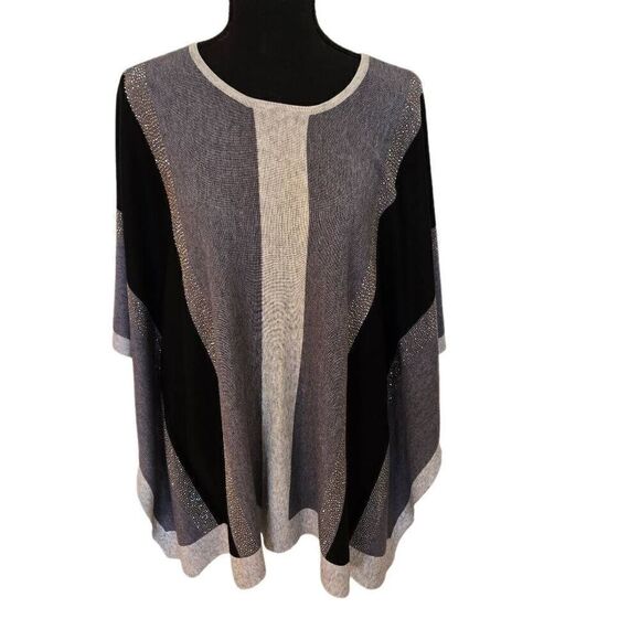 Alison Sheri Womens Poncho Style Gray Black Metallic Color Block Pullover Sweate - Picture 12 of 12